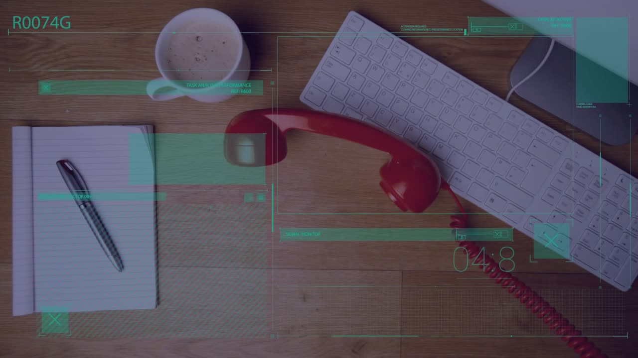 Animation of statistics and data processing over desk with computer and office items