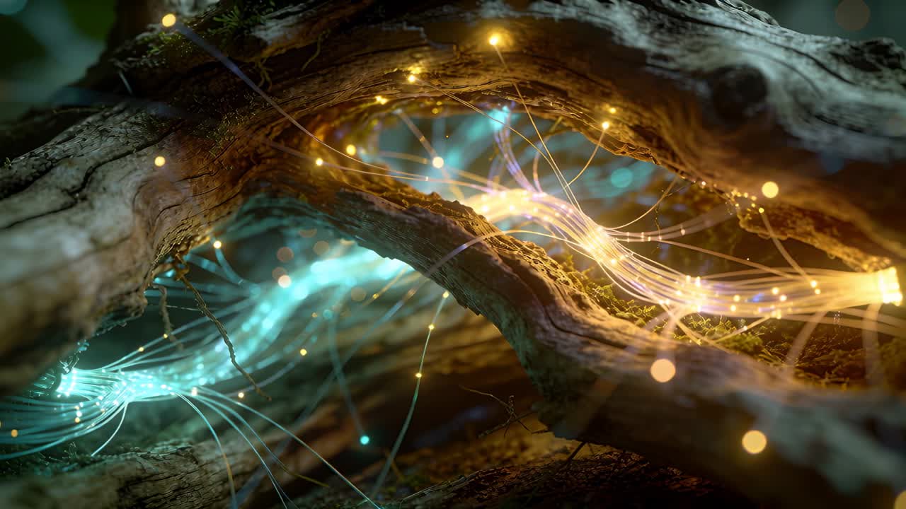 Camera framing hollow bark, pulsing threads weaving in gnarled wood crevice, making cyan amber glow