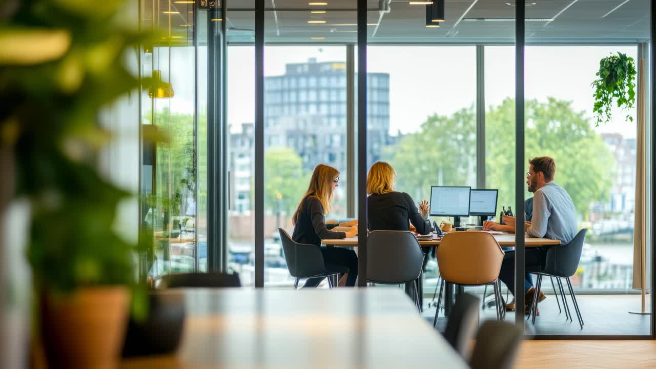 Wide-angle video of a modern office meeting, capturing a collaborative work session
