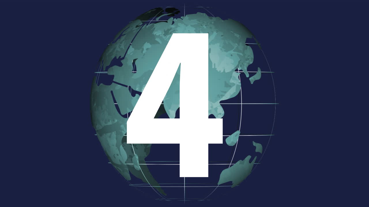 Animation of large white numbers rotating over globe with grid lines ...