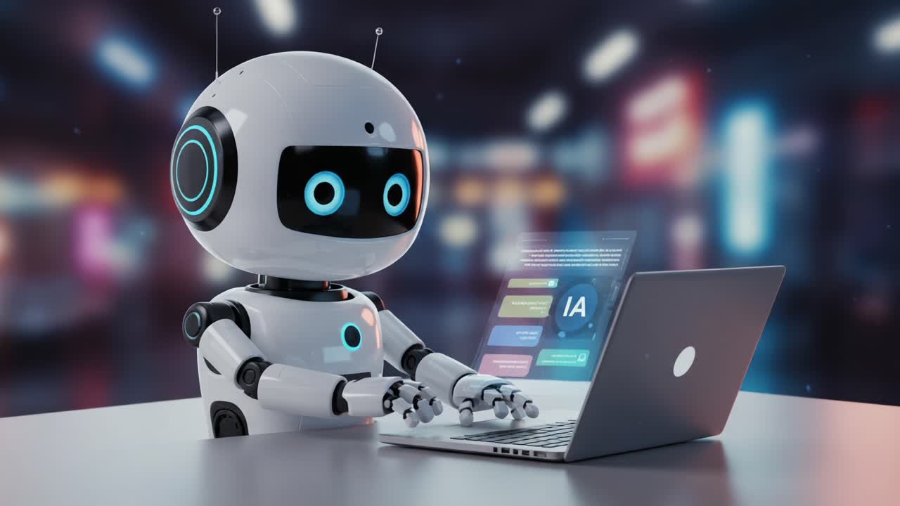 A futuristic robot interacting with technology, showcasing advanced Artificial Intelligence capabilities and digital communication through a laptop interface in a vibrant setting