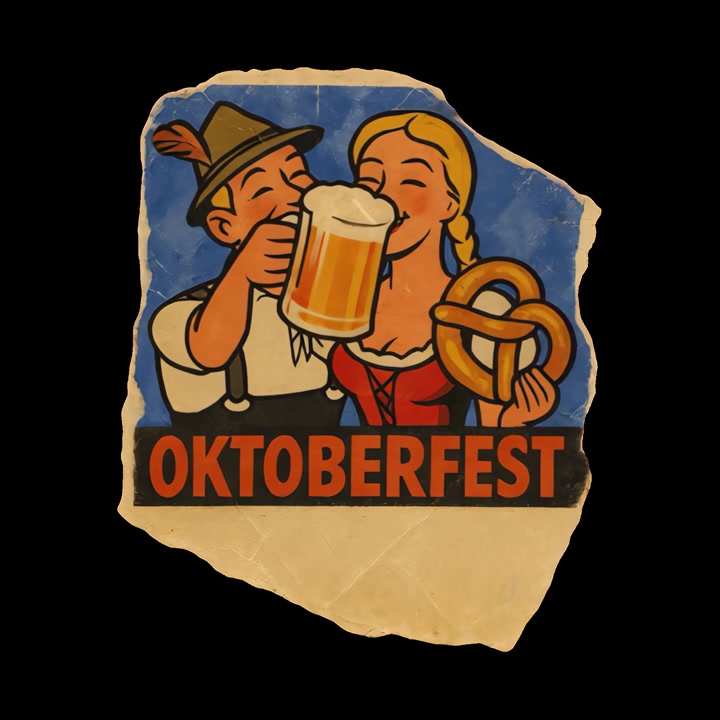 Casal Animado Vintage da Oktoberfest com Cerveja e Pretzel