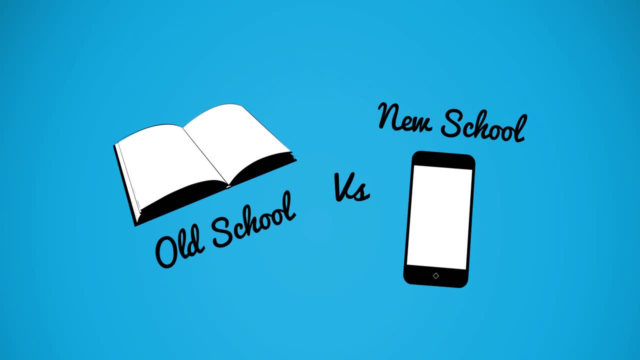Animazione del testo "old school vs new school" e di icone digitali su sfondo blu