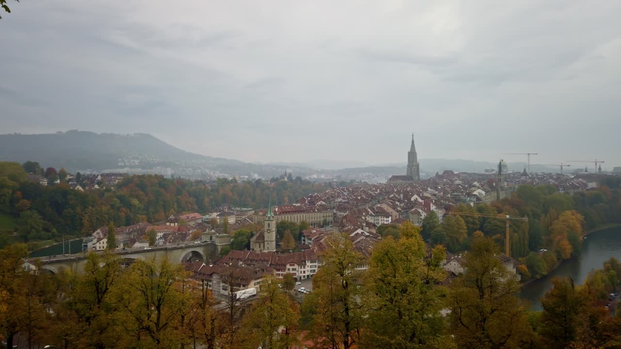 slow left to right camera movement showing the city of Bern from a highpoint