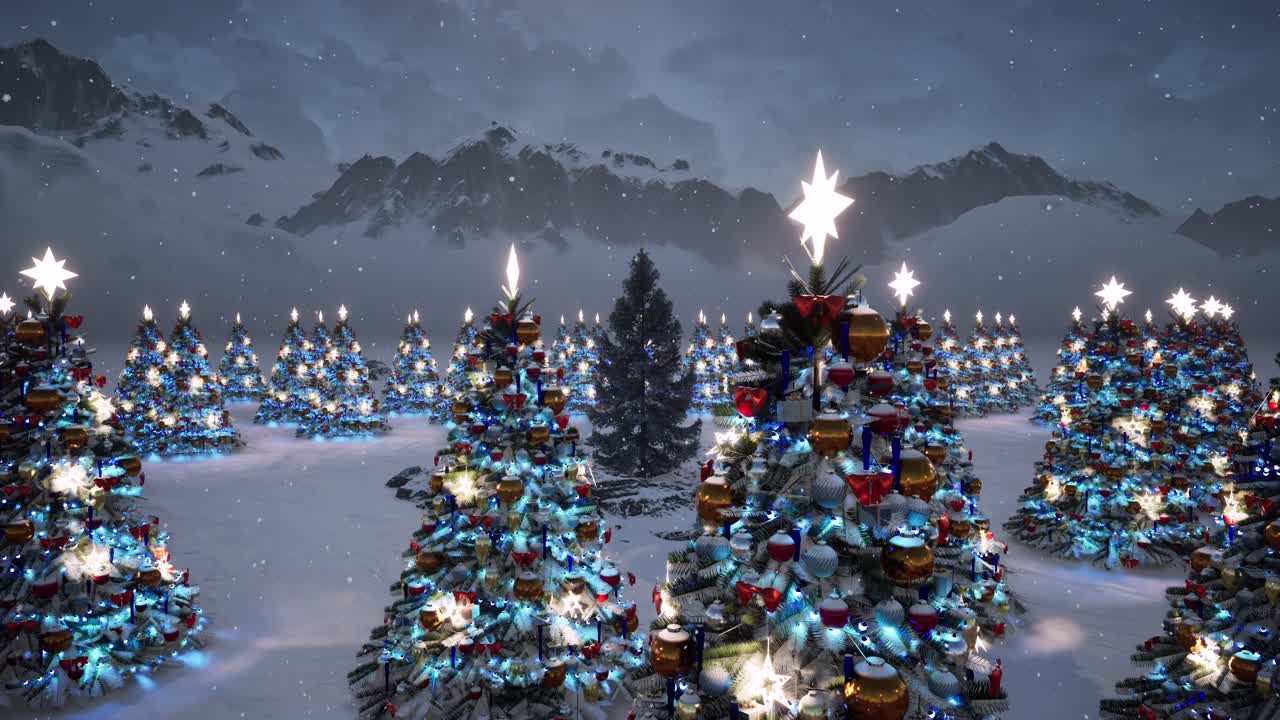 A pine tree in a winter environment with christmas trees decorated with colorful light bulbs and christmas ornaments all around it, and snow falling 3D animation camera static