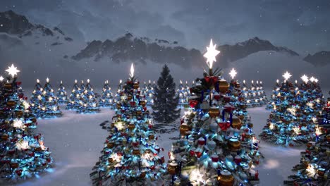 a pine tree in a winter environment with christmas trees decorated with colorful light bulbs and christmas ornaments all around it, and snow falling 3d animation camera static