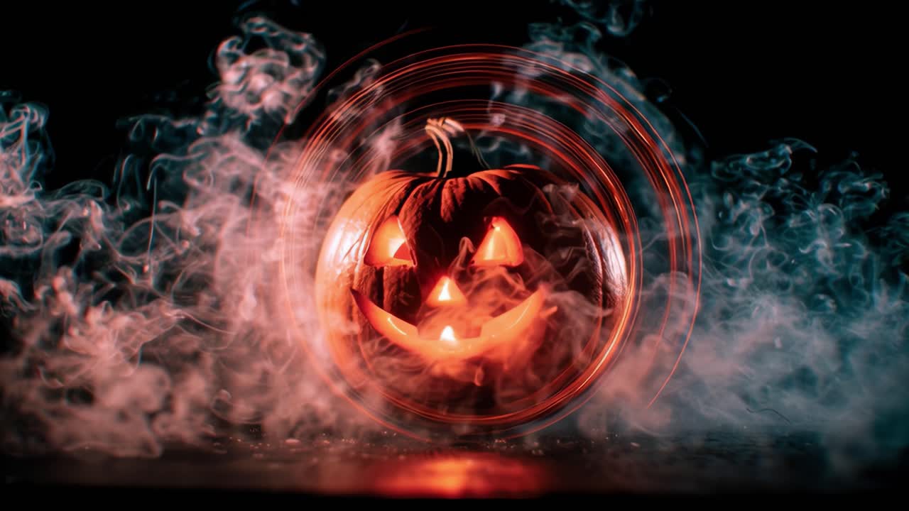Eerie and Enigmatic: A Spooky Glimpse of a Glowing Halloween Pumpkin Surrounded by Mystical Smoke and Swirling Lights Capturing the Essence of Fall Festivities
