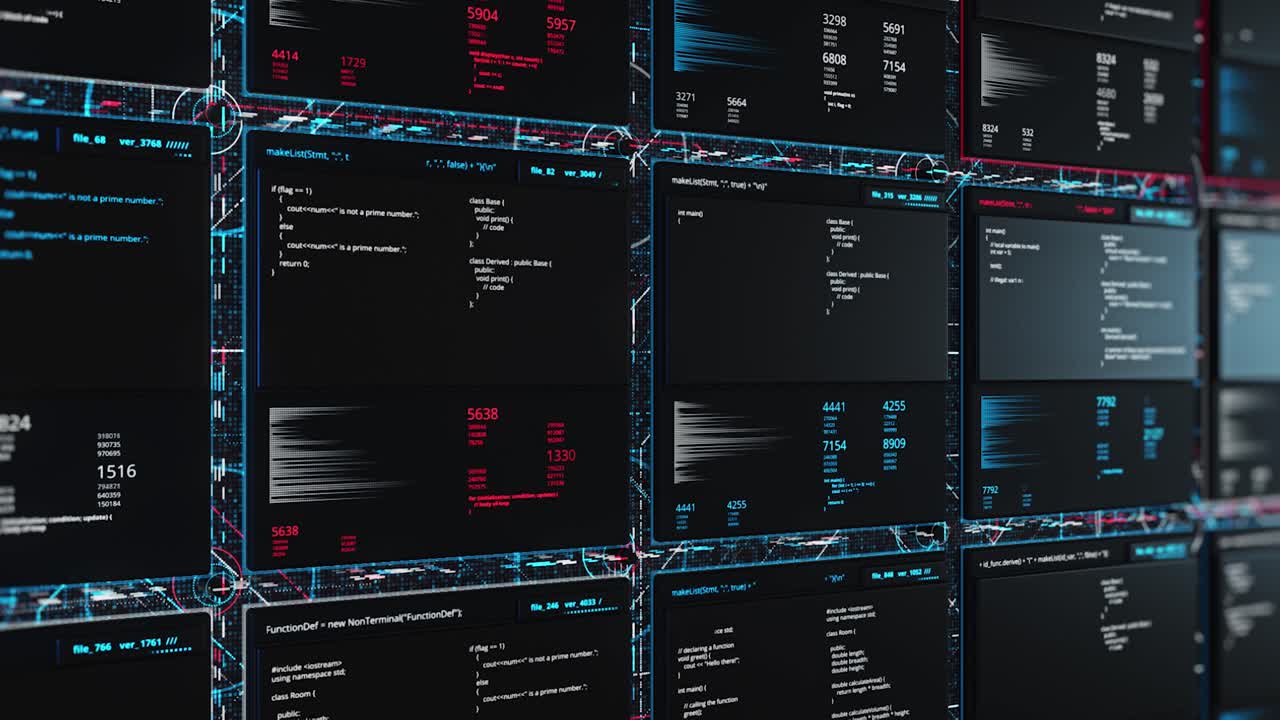 Wall of Multiple Screens Displaying Code and Data