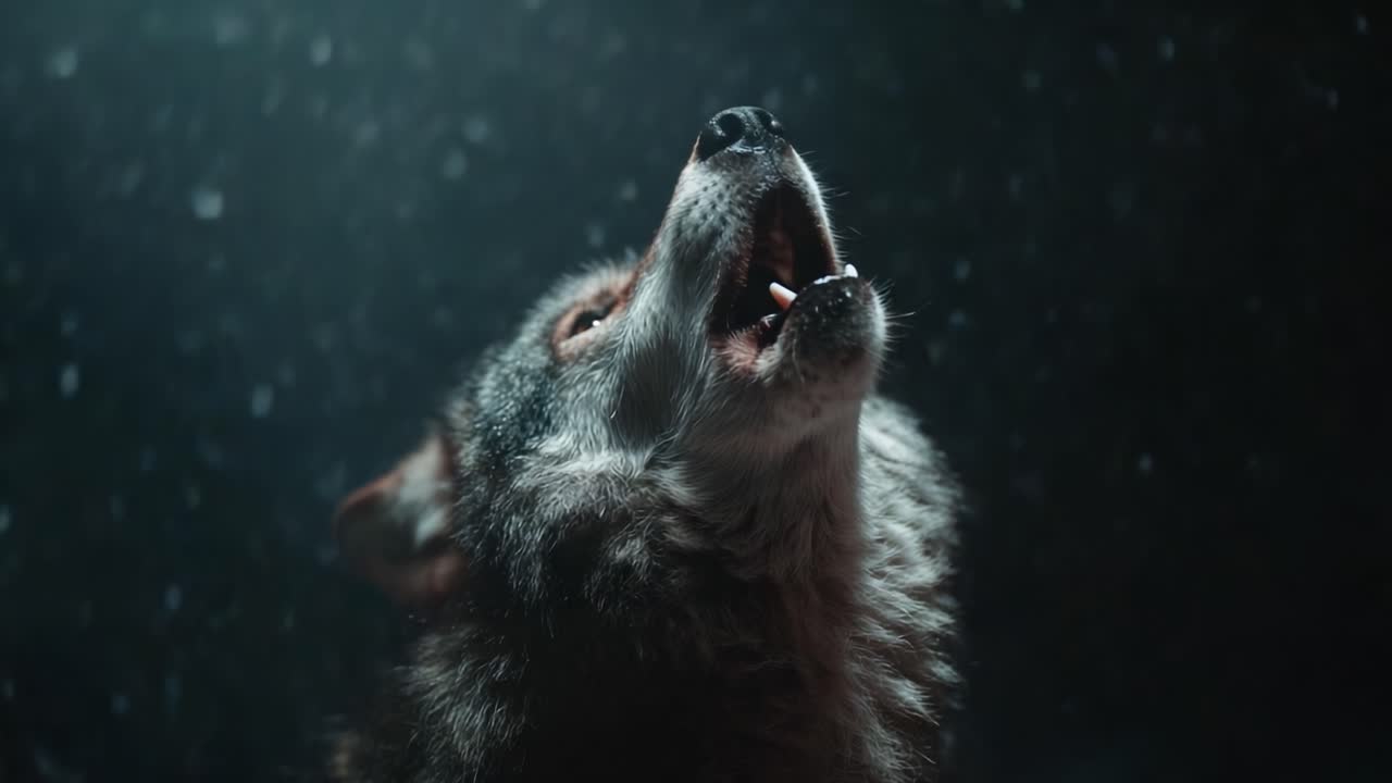 A Majestic Wolf Howling Against the Dark, Snowy Backdrop, Capturing the Essence of Wilderness and the Beauty of Nature in a Dramatic Moment