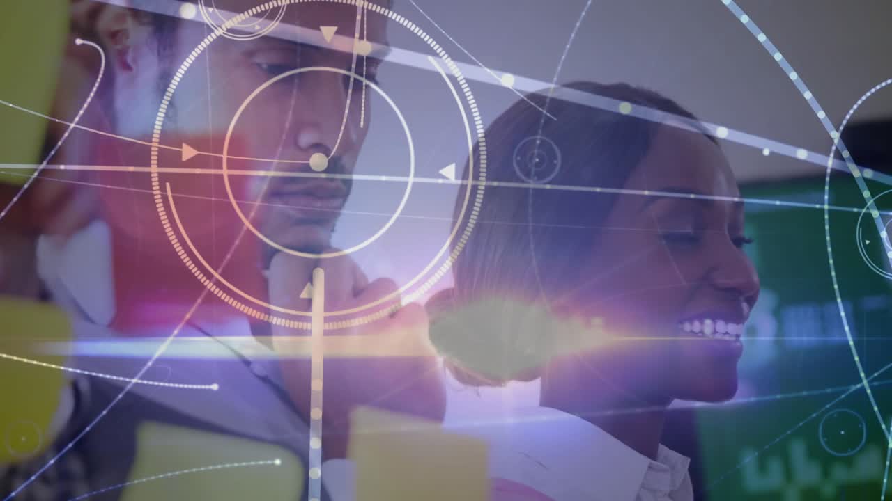 Lead woman holding blue note initiating biz plan on glass, man joining, HUD linking