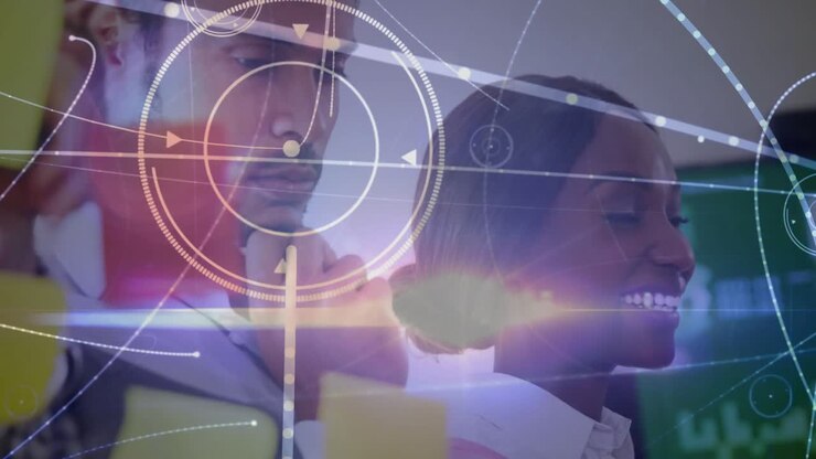 Lead woman holding blue note initiating biz plan on glass, man joining, HUD linking