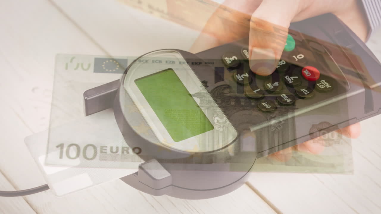 유로 지폐가 결제 터미널을 들고 있는 백인 남자의 손에서 떨어지는 애니메이션