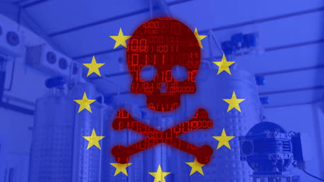 calavera roja y huesos cruzados con código binario sobre estrellas de la ue y fondo industrial