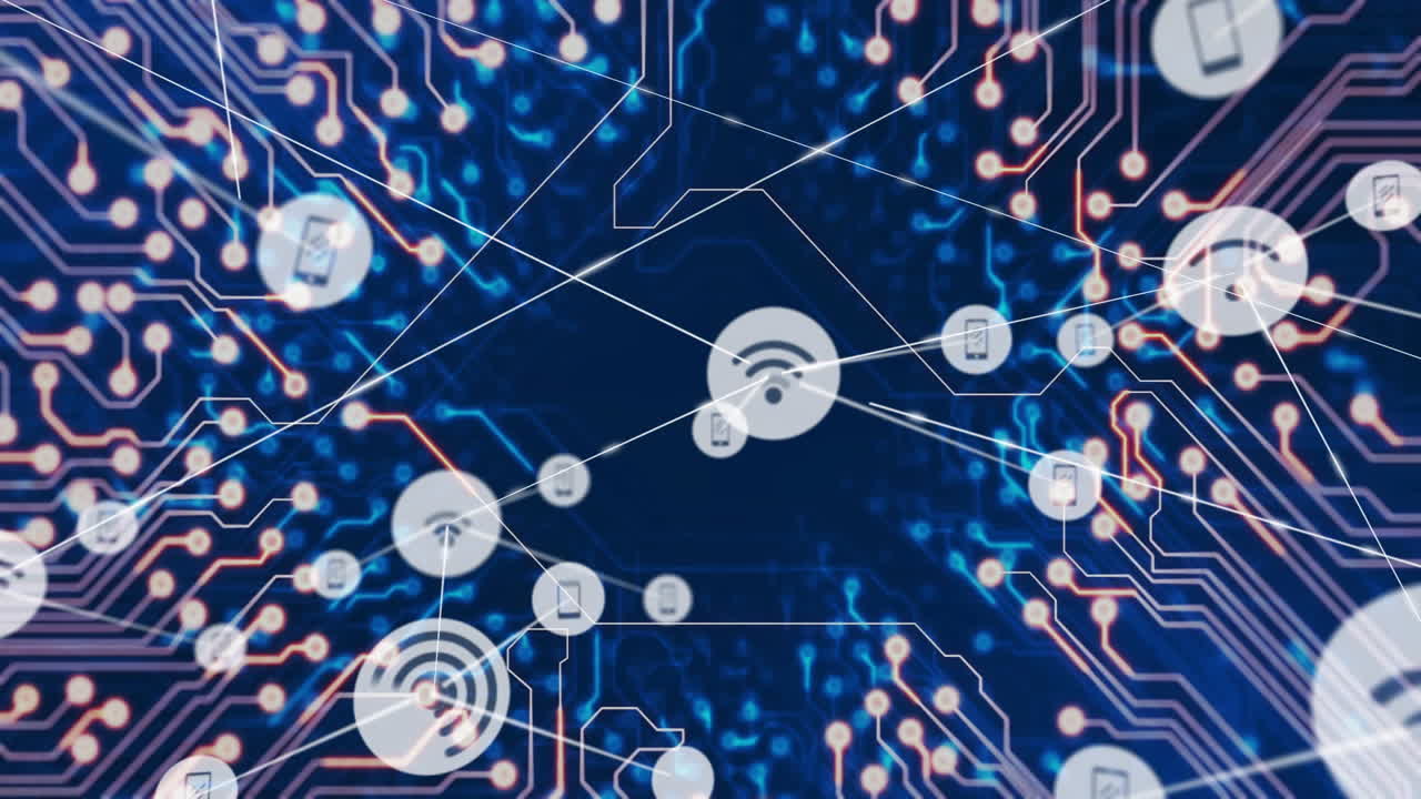 Network of connections and data processing animation over digital circuit background