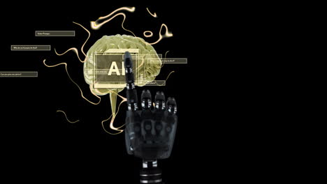 animación del procesamiento de datos de la ia, el cerebro humano y la mano del robot