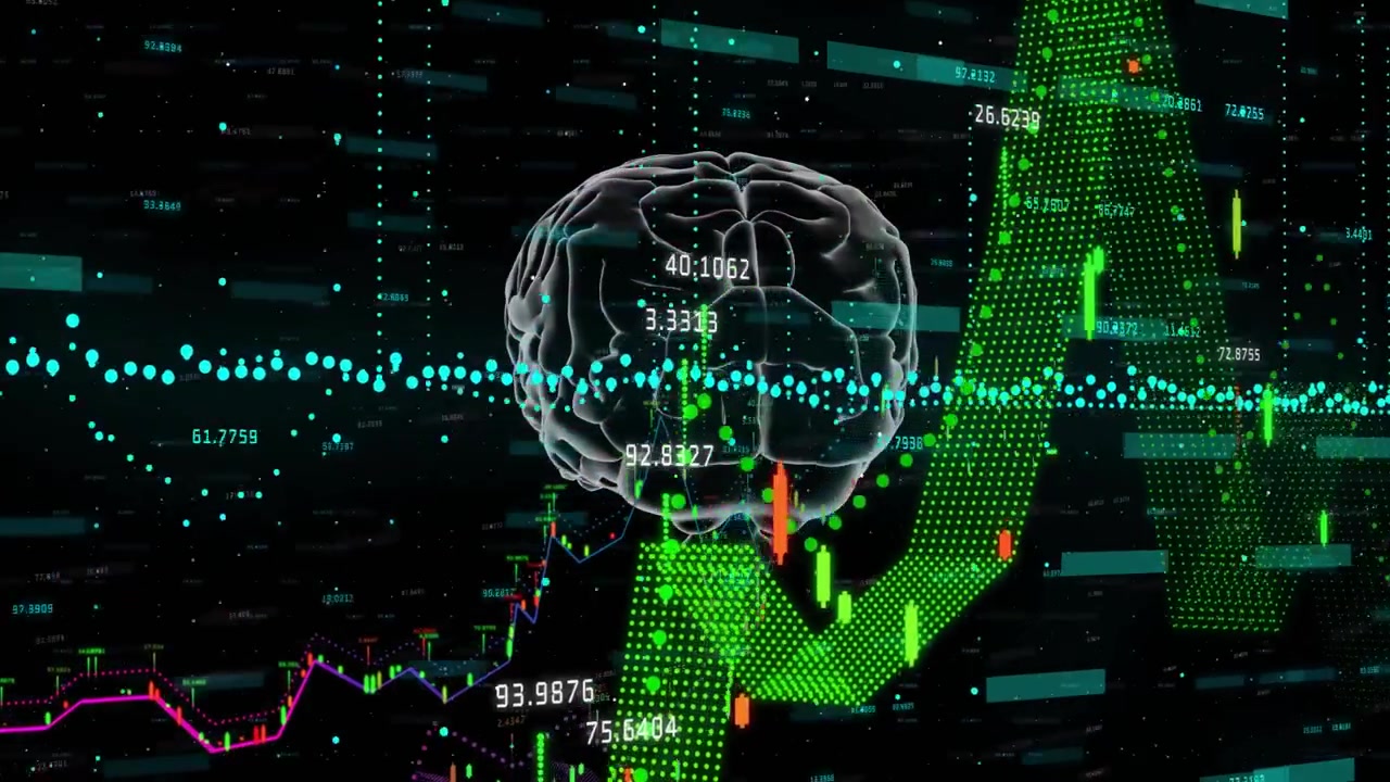 3D brain hologram floating in dark digital interface, showing teal data points and candlestick bars
