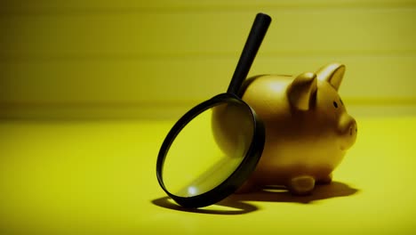 piggybank with magnifying glass on the wooden table