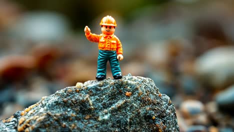 construction figure waving from a rock in a natural setting