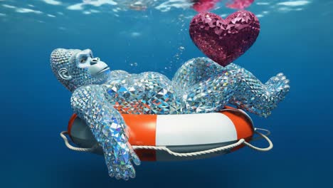 diamond gorilla relaxing underwater with a heart