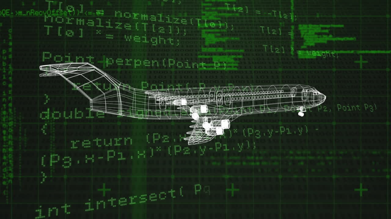 Animation af et flyprojekt, der roterer over databehandling i et sort og grønt rum.