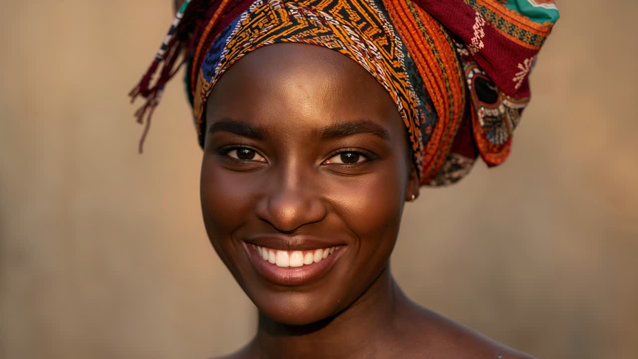 Mujer sonriente reaccionando a la cámara, ladeándose hacia el sol, con un pañuelo en la cabeza y pendientes, hombros descubiertos