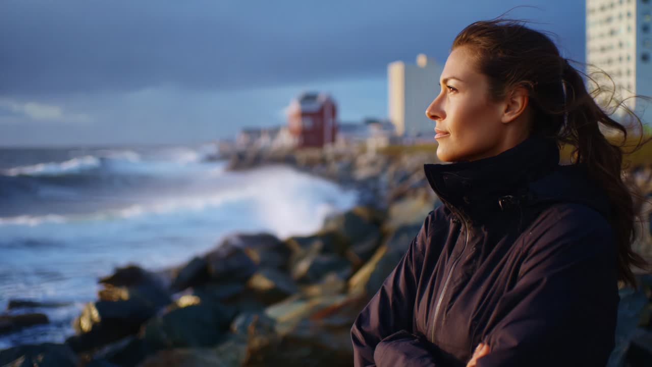 A woman gazes contemplatively at the turbulent waves crashing against the rocky shoreline, framed by a tranquil coastal landscape under a dramatic sky during sunset, embodying moments of reflection