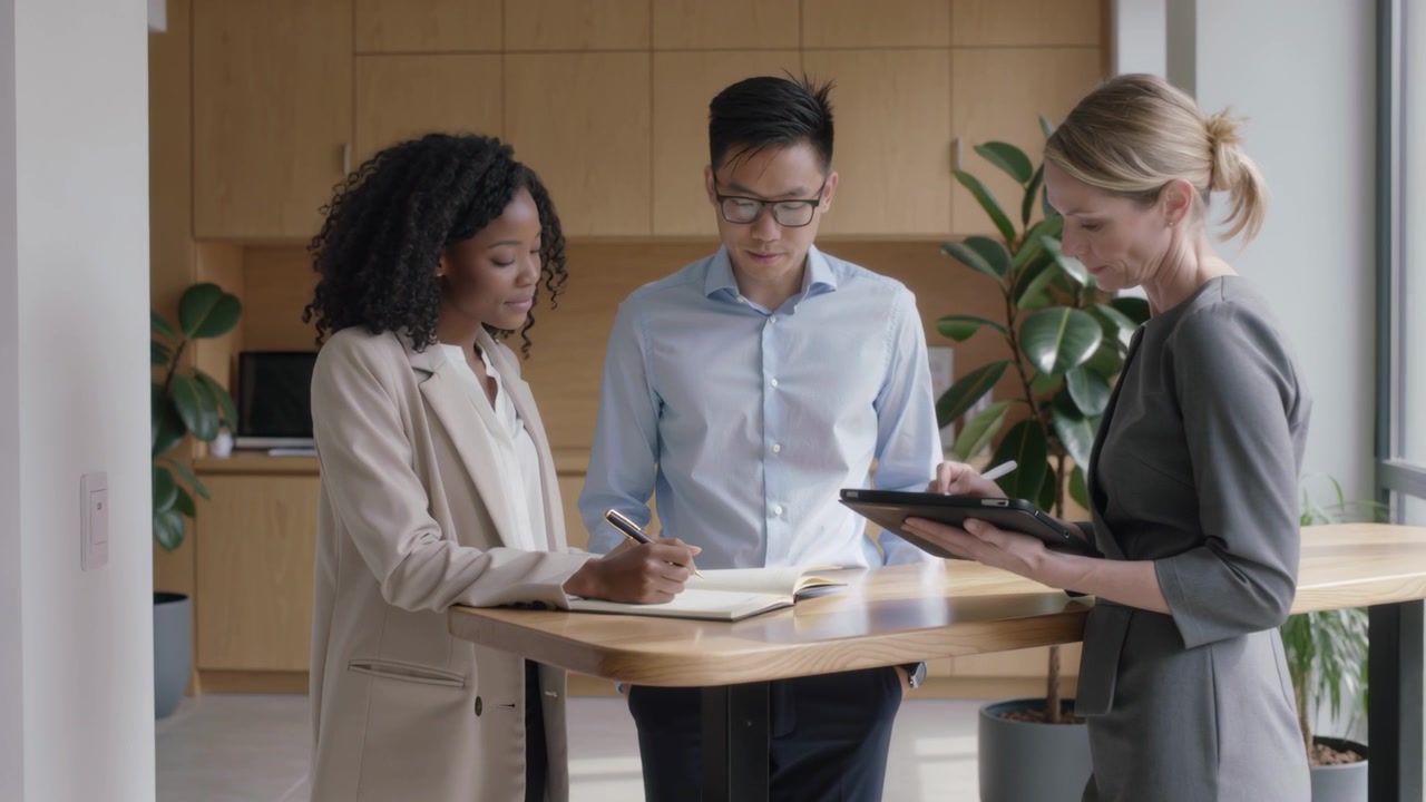 Il team inizia lo stand-up, prendendo appunti sul taccuino e controllando un tablet al bancone per una revisione, tutti in abiti da lavoro.