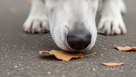 a dog's close encounter with nature: captivated by the texture and aroma of fallen leaves on a fall day, exploring the ground in curiosity and focus