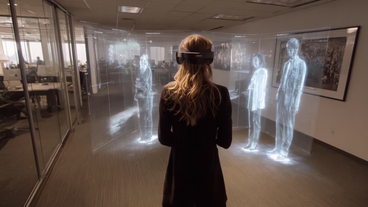 Exploring the World of Virtual Reality: A Person Engaged with Interactive Holograms in an Office Environment Showcasing the Transformative Power of Technology in Modern Workspaces