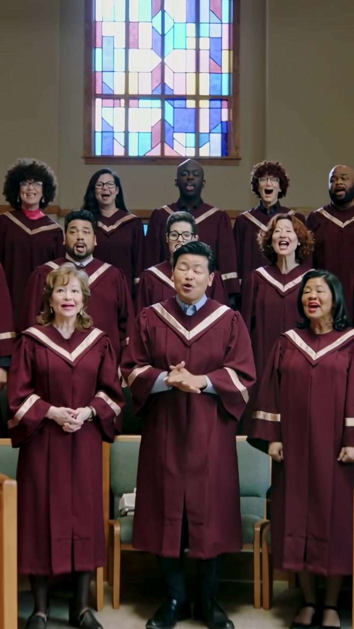 Video verticale: La telecamera si allontana da un uomo asiatico che sorride, canta e dirige un coro in chiesa, indossando tuniche bordeaux.