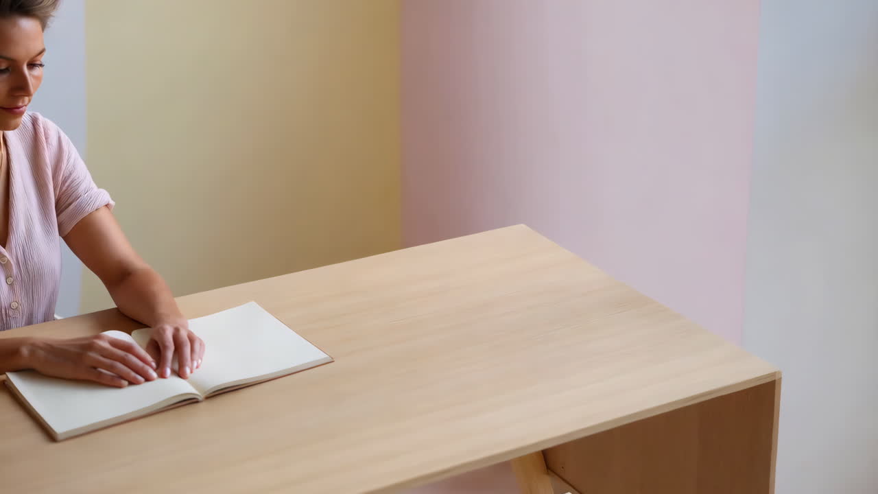 Woman studying or working at a minimalist desk