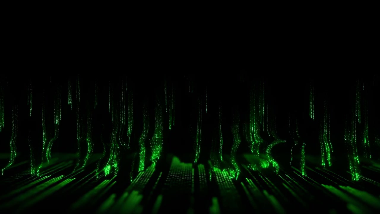 Luminous green pixel streams hang in vertical lines, brighten in waves, and reflect across glossy grid floor, creating moody abstract depth, electric contrast, and cyber style ambience