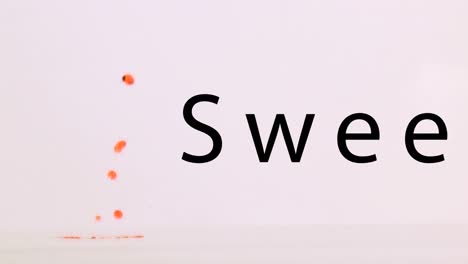 Animation-of-sweet-text-over-liquid-on-white-background