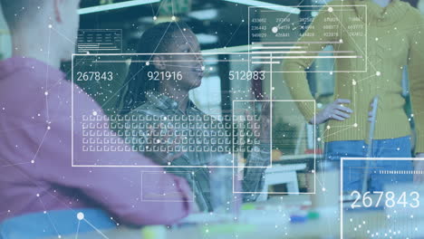 diverse team collaborating in office with digital data processing animation overlay