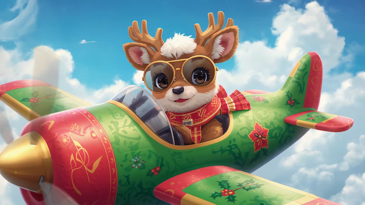 Prop spinning, reindeer pilot with red scarf flying plane in sky, lowering goggles greeting viewers