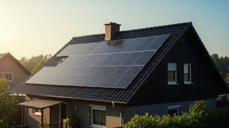 A modern house equipped with solar panels reflecting the early morning sun, showcasing sustainable energy solutions and an eco-friendly lifestyle in a tranquil suburban setting