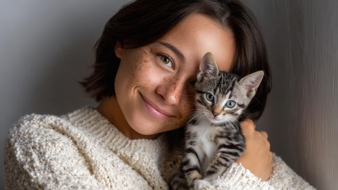 A Heartwarming Moment of Affection: A Young Woman Embracing a Playful Kitten with Joyful Expressions and Soft Interactions in a Cozy Setting