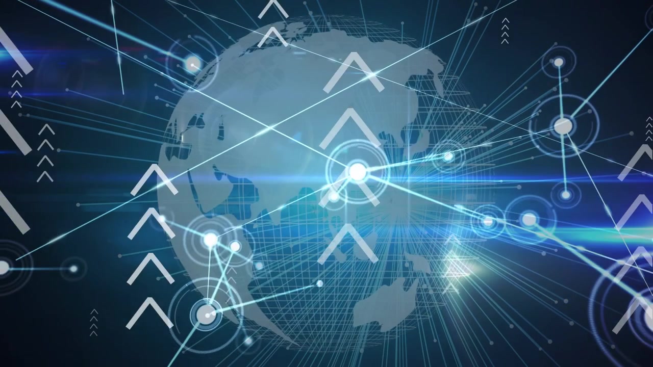 Animation of network of connections with arrows over globe on black background