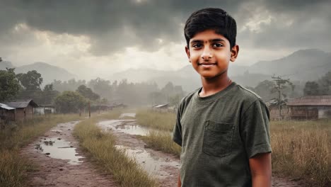 portrait of a smiling boy standing in his poor village after the rain, with puddles on the dirt road and mountains in the background, conveying hope and resilience in challenging circumstances
