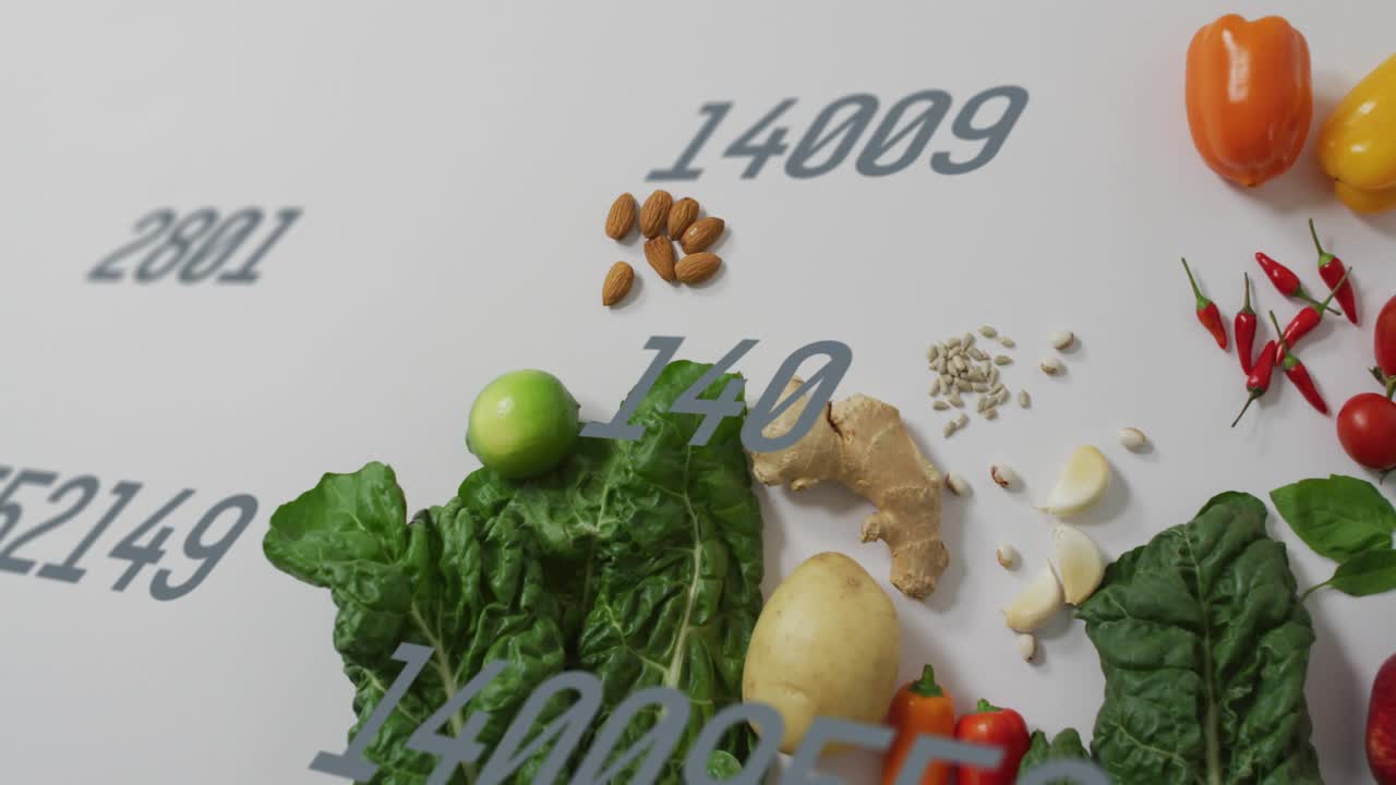 Dark gray numbers appearing over fresh produce, pulsing through sequence to visualize nutrient data