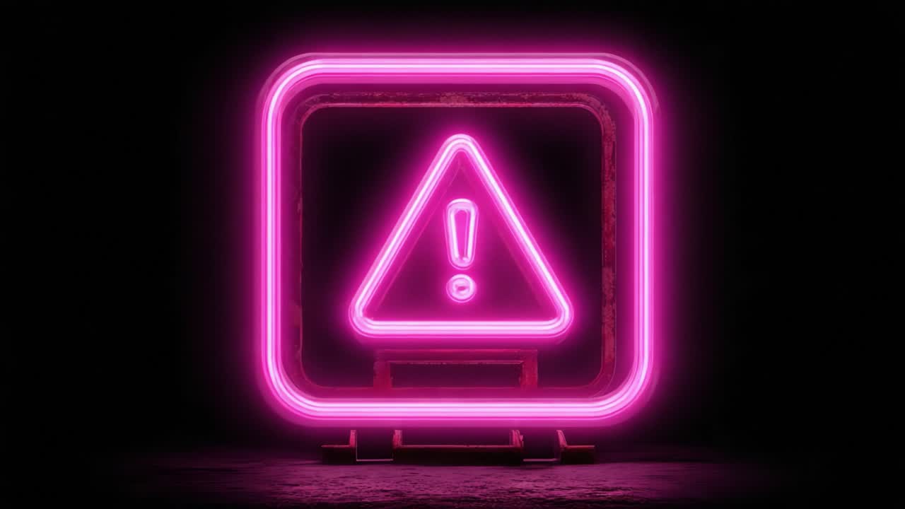 A Vibrant Neon Warning Sign Illuminates the Darkness, Emphasizing Caution with an Exclamation Mark Symbol for Enhanced Visibility and Urgency