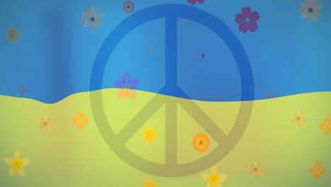 animation of flowers and peace symbol over flag of ukraine