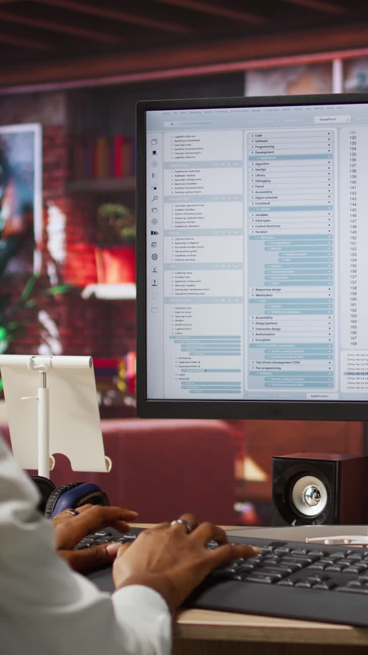 Vertical video Programmer at computer desk coding, creating software