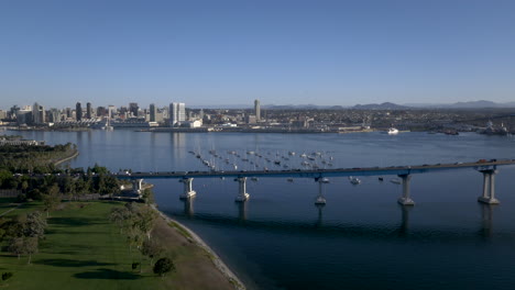 aerial view of san diego-coronado bridge and bay with sailboats