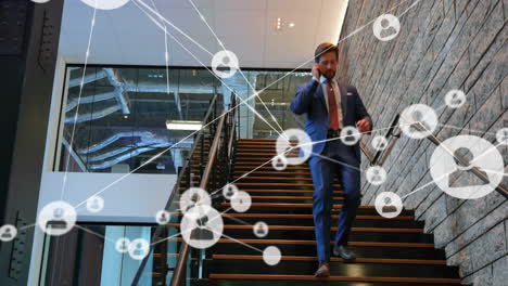 using smartphone, businessperson walking down stairs with network of connections animation