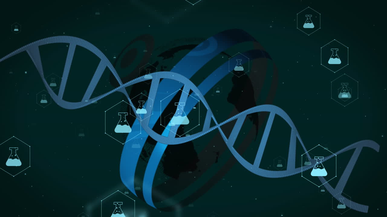 Animation of icons, dna strand over data processing