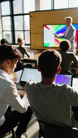 students learning in a modern classroom with laptops and teacher presentation