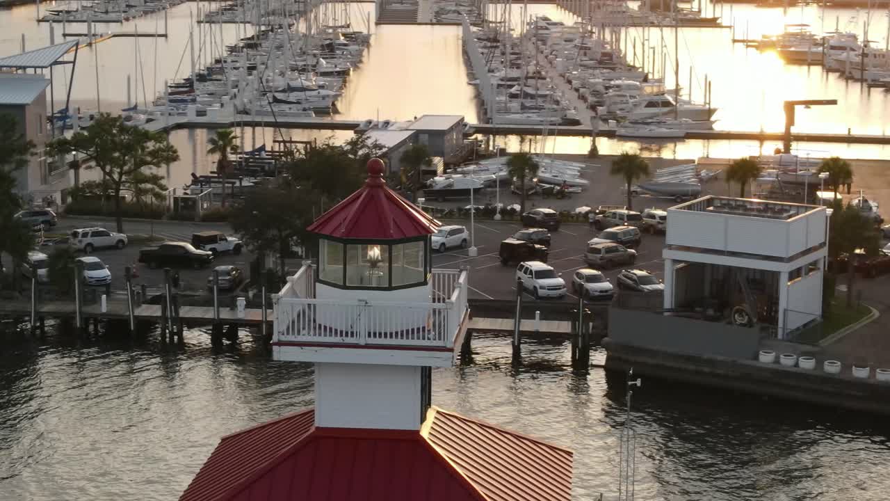 Red Lighthouse Of New Basin Canal In Lake Pontchartrain, New Orleans, Louisiana USA. Aerial Orbiting