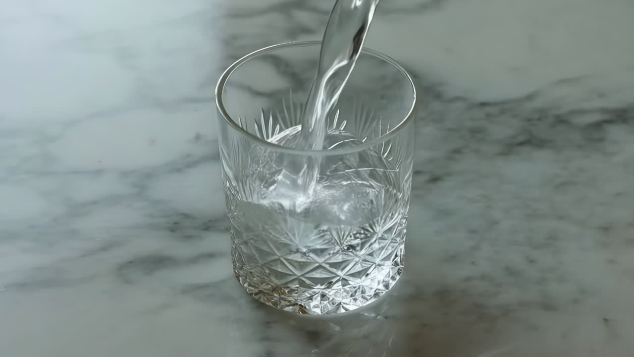 Water being poured into a clear glass on a marble surface