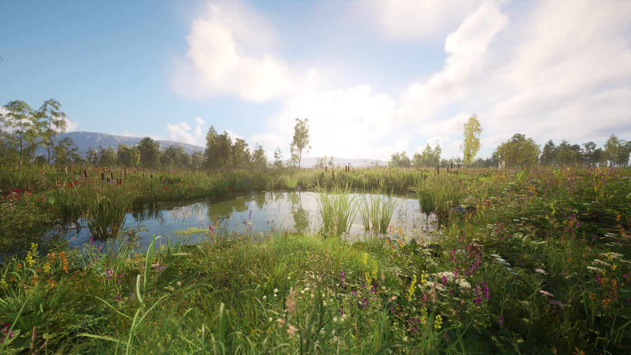 Serene wetland landscape with lush vegetation under a bright sky